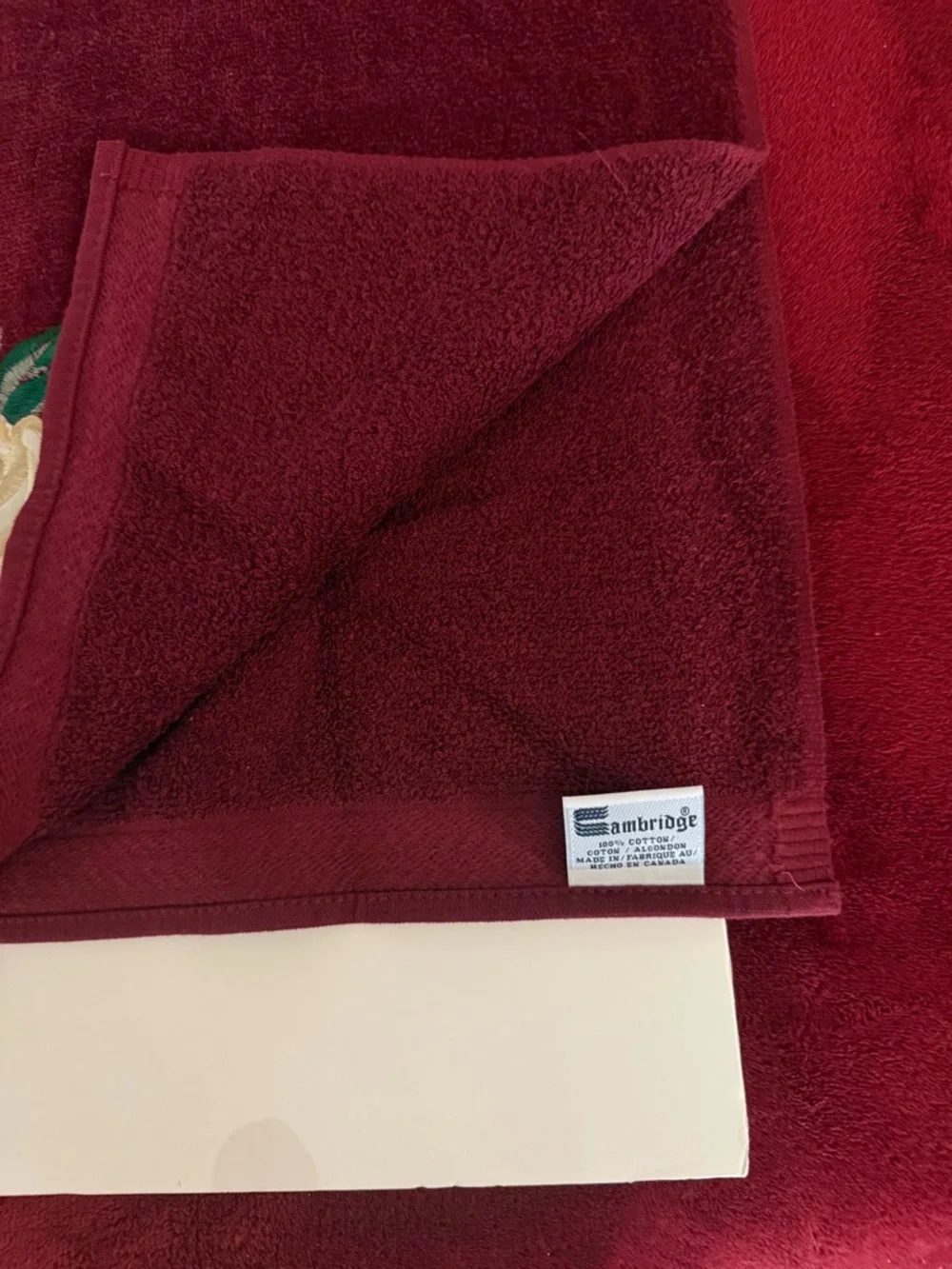 Pair Vintage Cambridge Burgundy With Rose Appliqué Bath Towels 23” X 45” Cotton